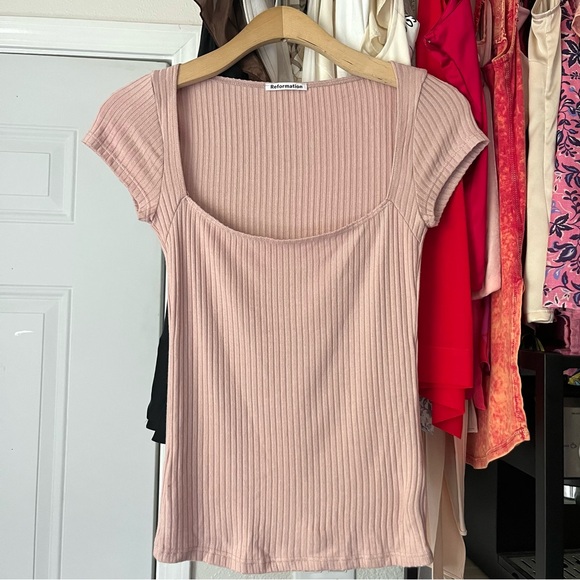 NWT REFORMATION dusty pink mauve rib knit square neck boxy cropped tshirt top